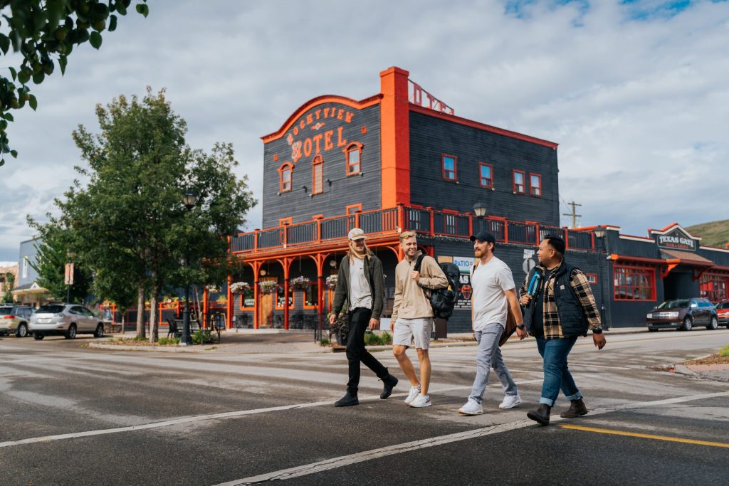 Pedestrians crossing the street in downtown Cochrane